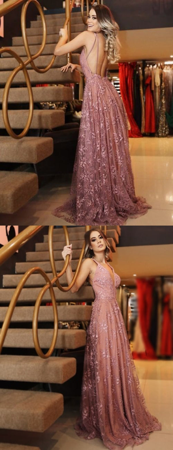 Dusty Rose Lace Sexy Backless Spaghetti Strap A-line Party Prom Dresses, PD00150