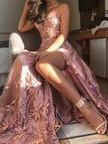 Dusty Rose Unique Lace Spaghetti Strap Side-slit Prom Dresses, PD00184