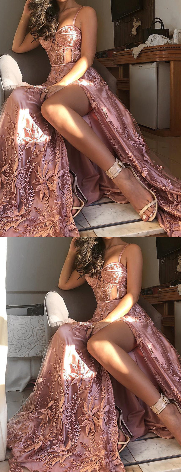 Dusty Rose Unique Lace Spaghetti Strap Side-slit Prom Dresses, PD00184