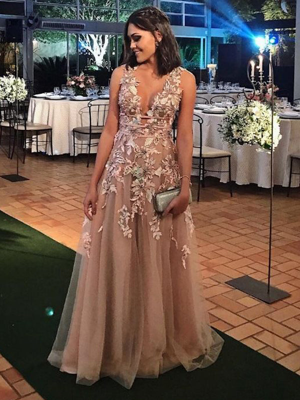Elegant Applique Tulle Sleeveless V-neck A-line Prom Dresses,PD00191