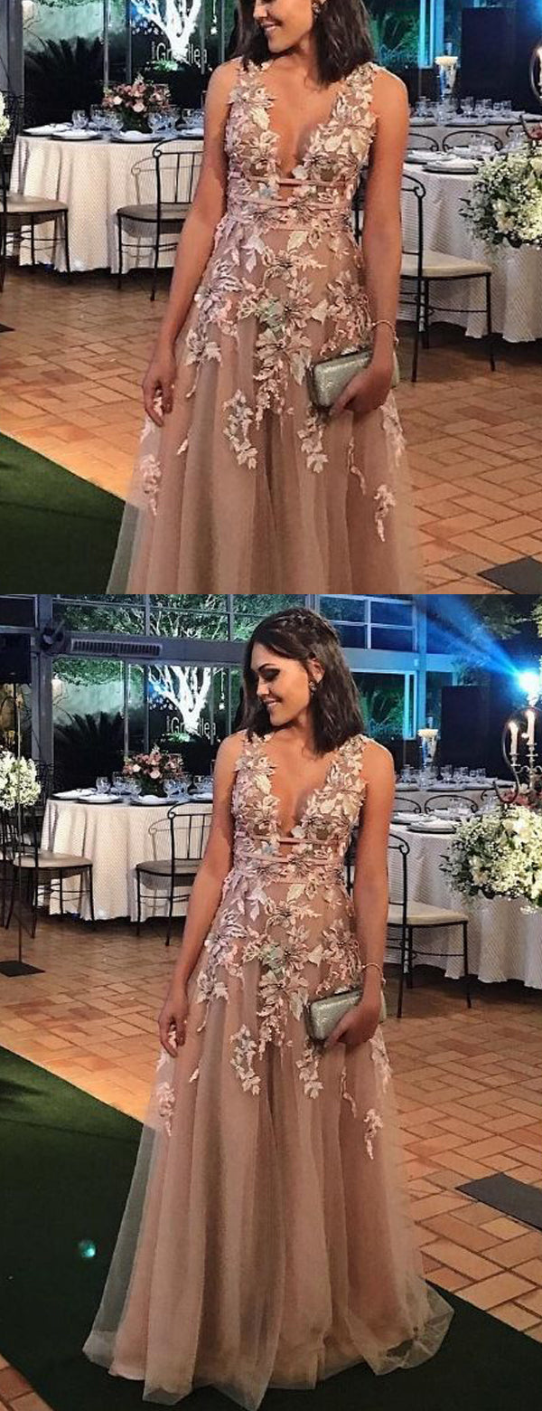 Elegant Applique Tulle Sleeveless V-neck A-line Prom Dresses,PD00191