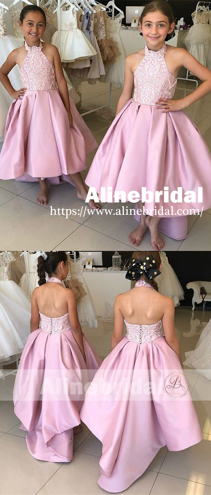 Elegant Halter Lace Appliques A-line High Low Pink Flower Girl Dress, FGS085