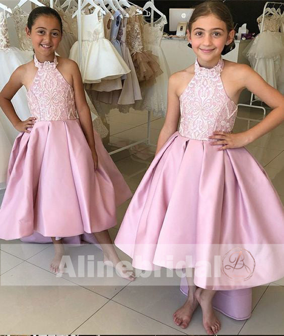 Elegant Halter Lace Appliques A-line High Low Pink Flower Girl Dress, FGS085