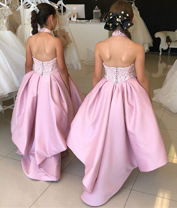 Elegant Halter Lace Appliques A-line High Low Pink Flower Girl Dress, FGS085