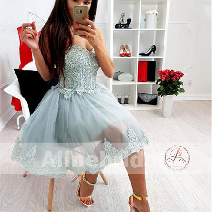 Fashion Tiffany Blue Lace Sweetheart Strapless Lace Up Back Homecoming Dresses, HD0007