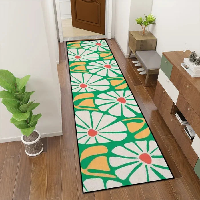 Floral 70s Multiple Sizes Runner Rug – Midcentury White Green Yellow - retro runner