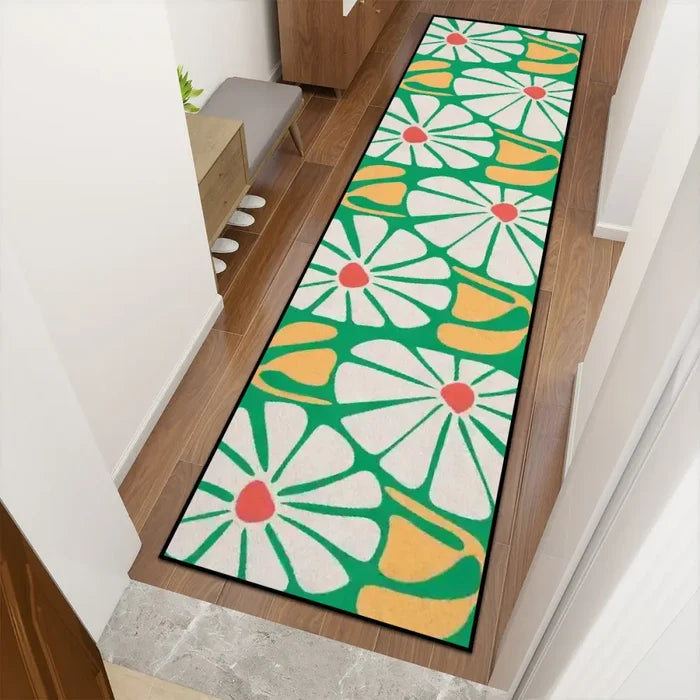 Floral 70s Multiple Sizes Runner Rug – Midcentury White Green Yellow - retro runner