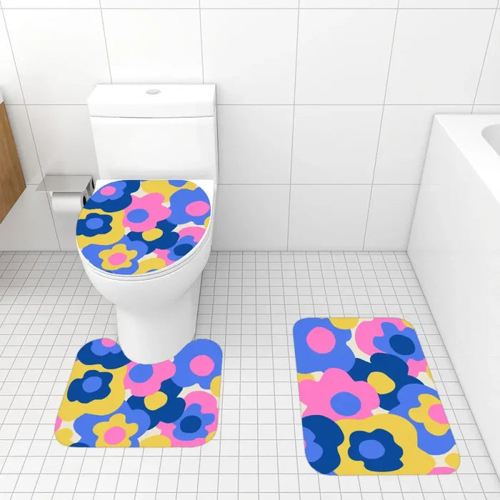 Floral Midcentury 3-Piece Bath Mat Set | Retro 70s Vibrant Pattern - retro bathroom