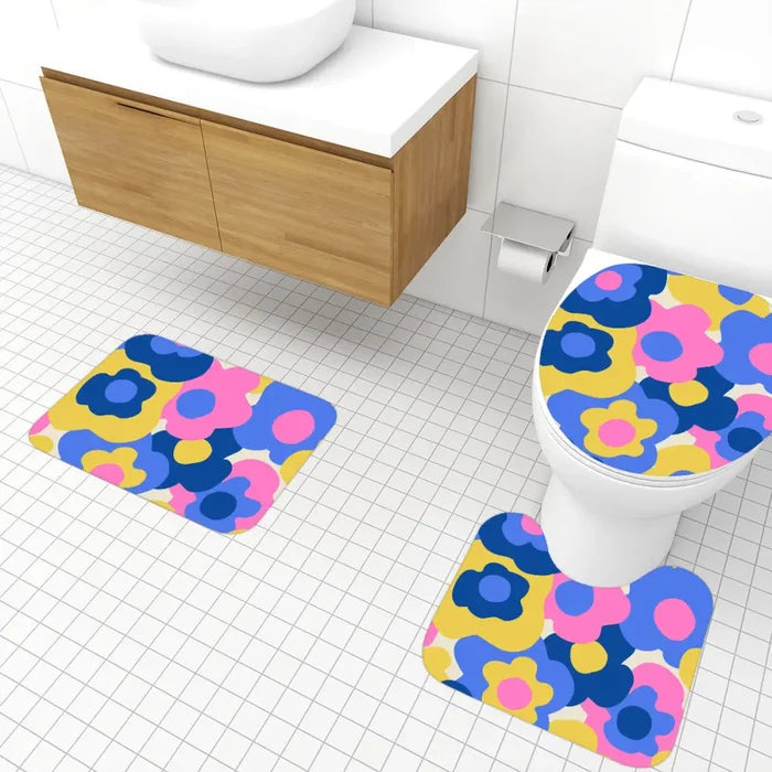 Floral Midcentury 3-Piece Bath Mat Set | Retro 70s Vibrant Pattern - retro bathroom