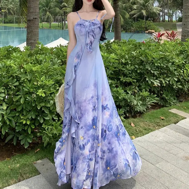 Ruffle Floral Printed Fairy Long Dress fashionnsio