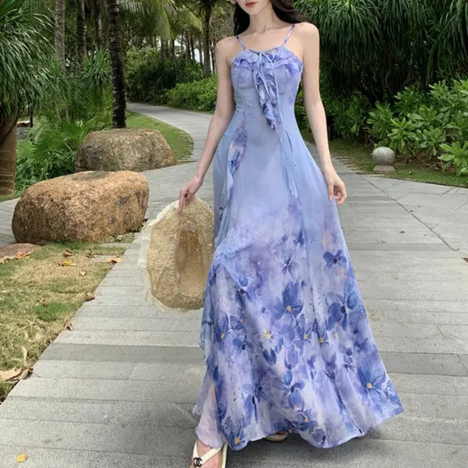 Ruffle Floral Printed Fairy Long Dress fashionnsio