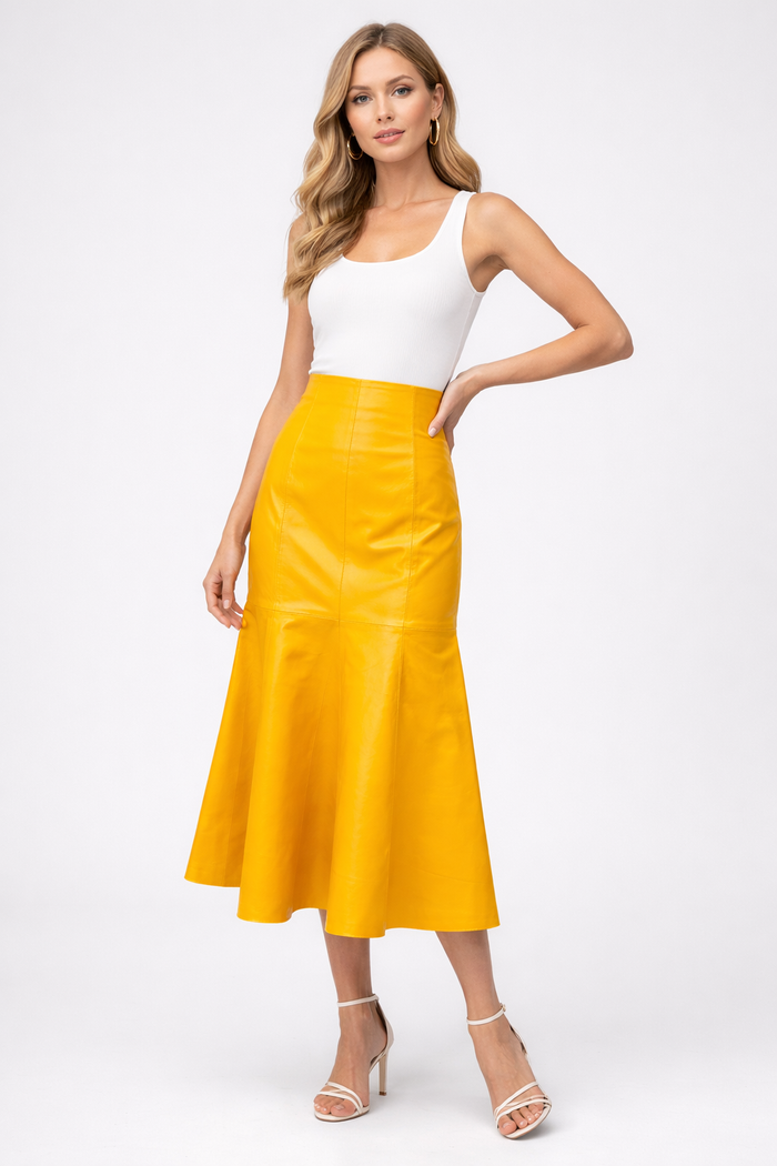 Genuine Lambskin Leather A-Line Maxi Skirt