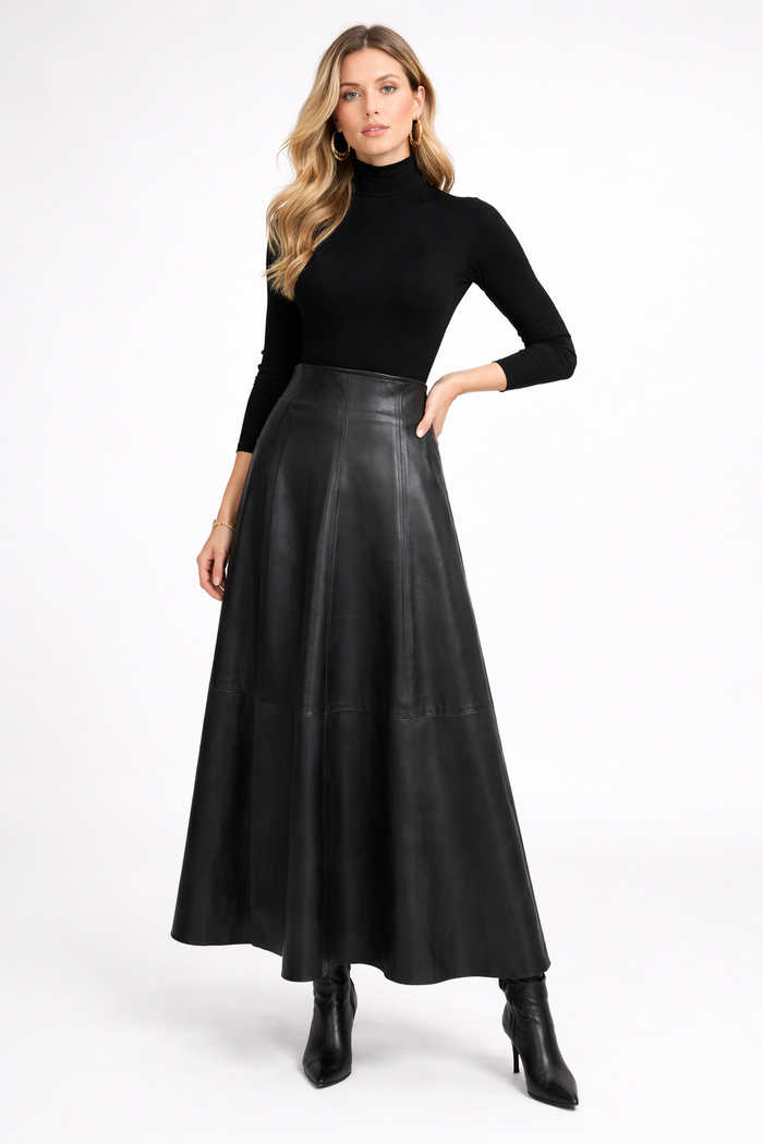 Genuine Lambskin Leather A-Line Maxi Skirt