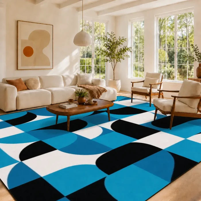 Geometric 1960s Retro Area Rug 12x9 ft – Plush Midcentury Non-Slip Carpet - retro rug