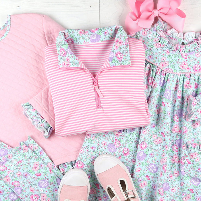 Girls Quarter Zip - Pink Stripe