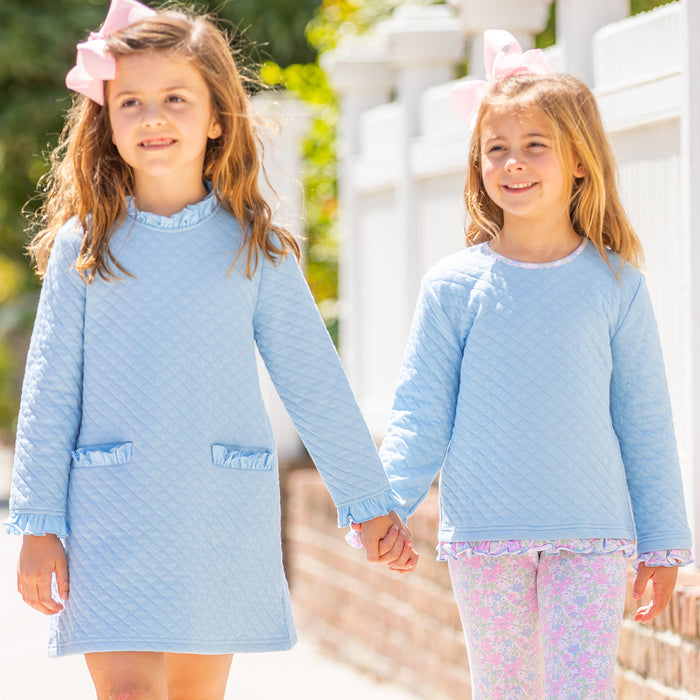 Girls Quilted Ruffle Top - Blue Lagoon