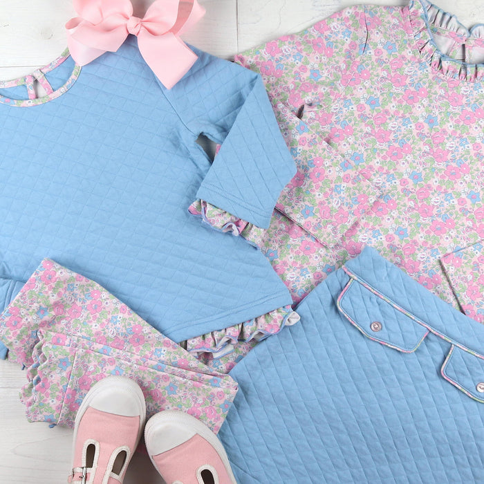 Girls Quilted Ruffle Top - Blue Lagoon