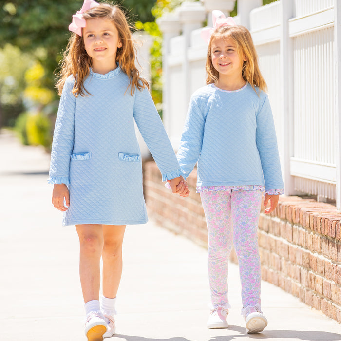 Girls Quilted Ruffle Top - Blue Lagoon
