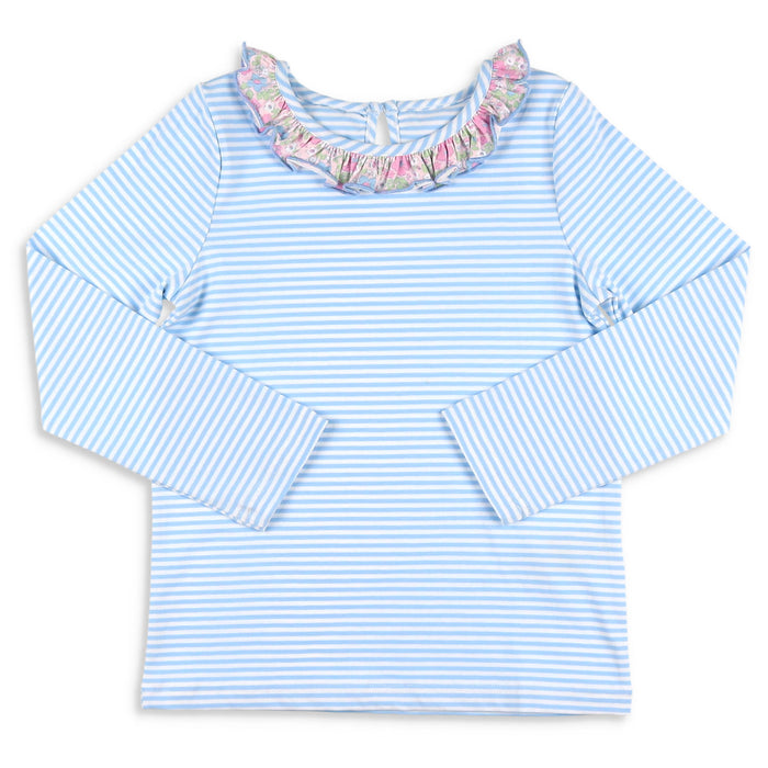 Girls Ruffle Neck Top - Blue Stripe