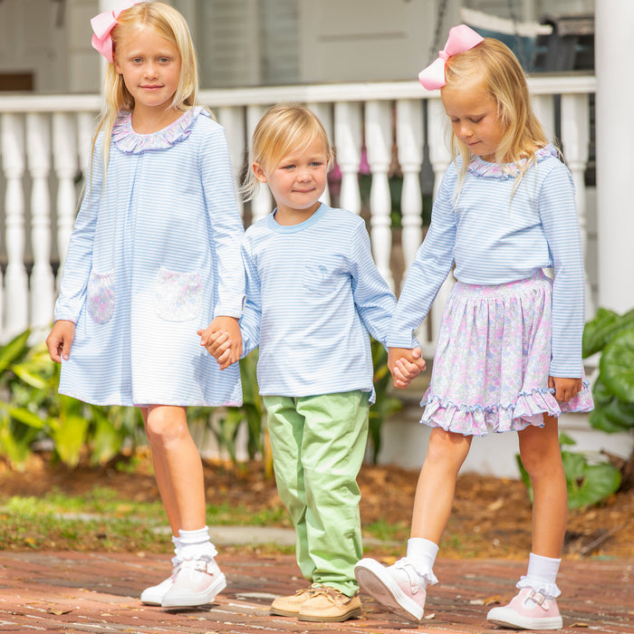 Girls Ruffle Neck Top - Blue Stripe