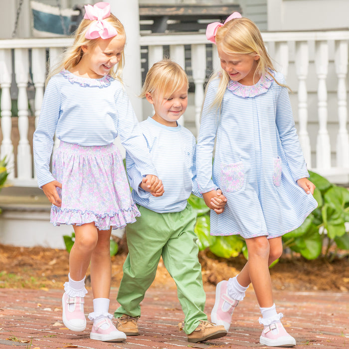 Girls Ruffle Neck Top - Blue Stripe