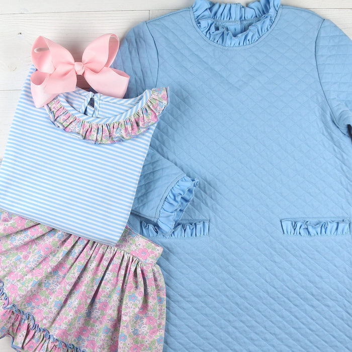 Girls Ruffle Neck Top - Blue Stripe