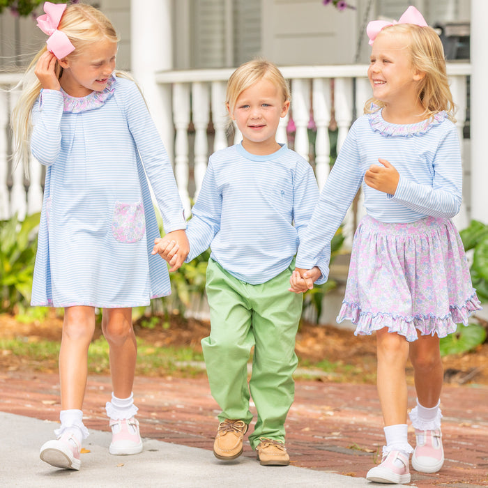 Girls Ruffle Neck Top - Blue Stripe