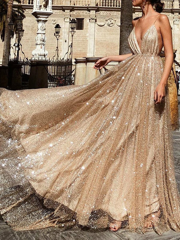 Gold Sequin Spaghetti Strap Backless Shiny Prom Dresses, PD00178