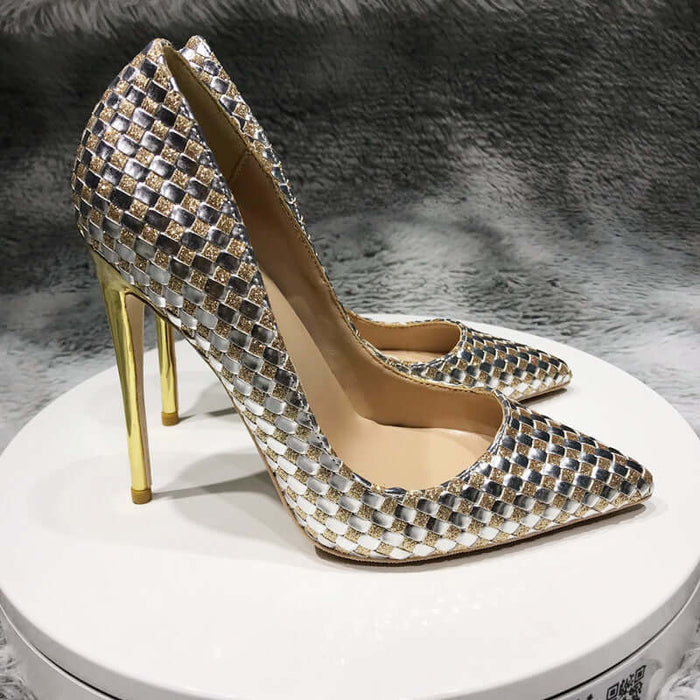 Golden Checkerboard Heels for Confident Women