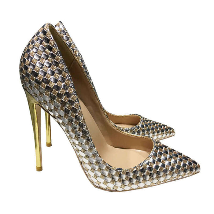 Golden Checkerboard Heels for Confident Women