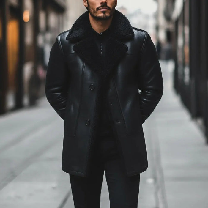 Man wearing a black leather coat on a city street
