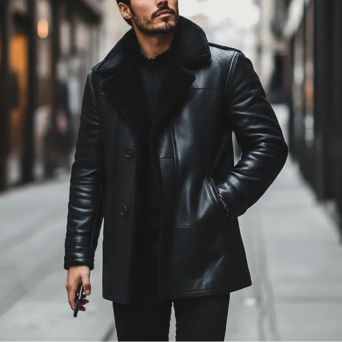 Man wearing a black leather coat on a city street