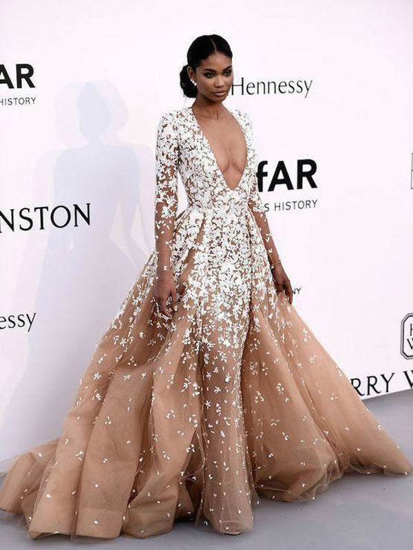 Gorgeous Nude Tulle Applique Long Sleeve Formal Prom Dresses,PD00143