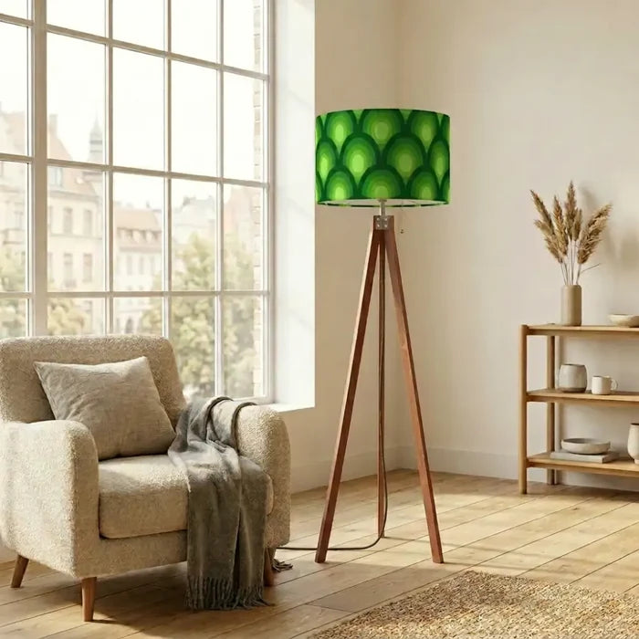 Green 70s Retro Tripod Floor Lamp – Midcentury Peacock Eye Linen Shade - retro floor lamps