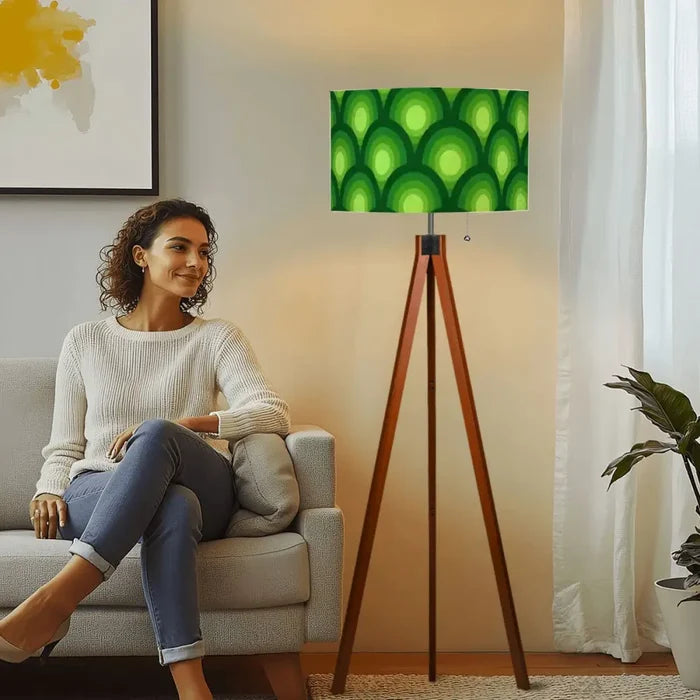 Green 70s Retro Tripod Floor Lamp – Midcentury Peacock Eye Linen Shade - retro floor lamps