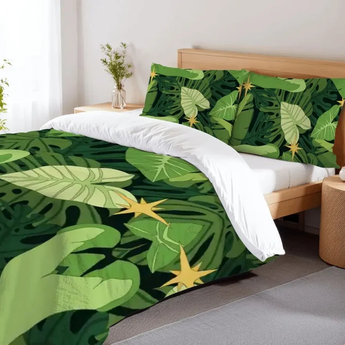 Green Monstera Leaf Retro Duvet Cover Set: Midcentury Botanical Bedding - One Size - retro bedding