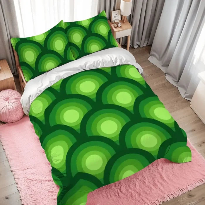 Green Peacock Eye Duvet Cover Set: 70s Retro Full Size Microfiber Bedding - retro bedding