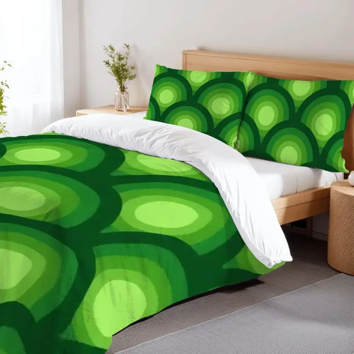Green Peacock Eye Duvet Cover Set: 70s Retro Full Size Microfiber Bedding - retro bedding