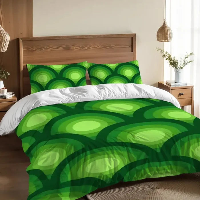 Green Peacock Eye Duvet Cover Set: 70s Retro Full Size Microfiber Bedding - retro bedding