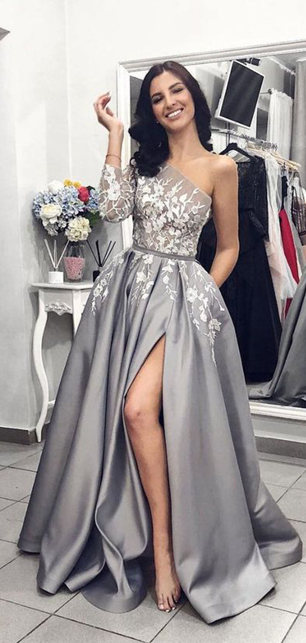 Grey Satin One Shoulder Applique Long Sleeve Prom Dresses  ,PD00144