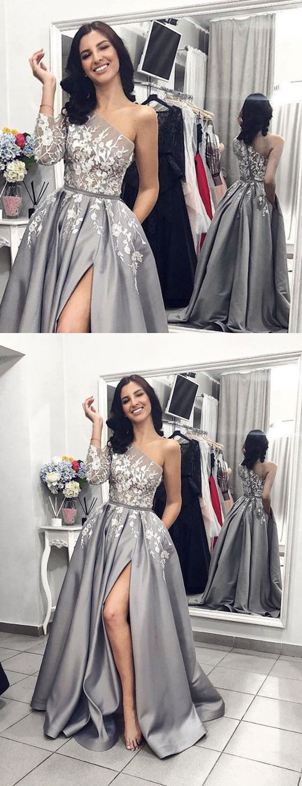 Grey Satin One Shoulder Applique Long Sleeve Prom Dresses  ,PD00144