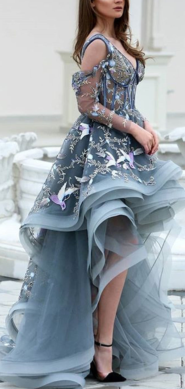 Grey Unique Applique Illusion High Low Long Sleeve Prom Dresses,PD00172