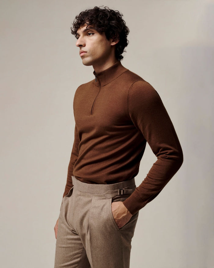Hamilton Merino Wool Silk Cashmere Quarter Zip Jumper Brown