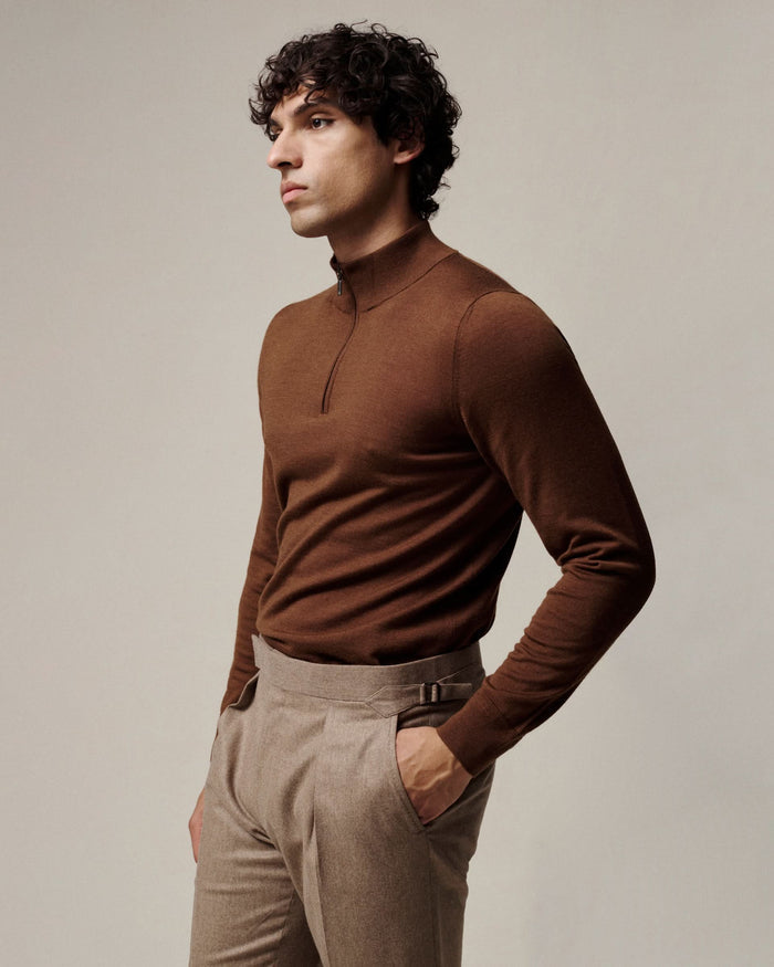 Hamilton Merino Wool Silk Cashmere Quarter Zip Jumper Brown