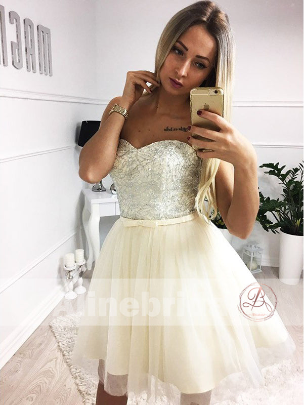 Ivory Tulle Silver Beads Sweetheart Strapless Homecoming Dresses,HD0008