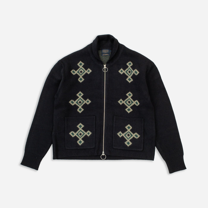 JACQUARD MOTIF ZIP CARDIGAN - BLACK