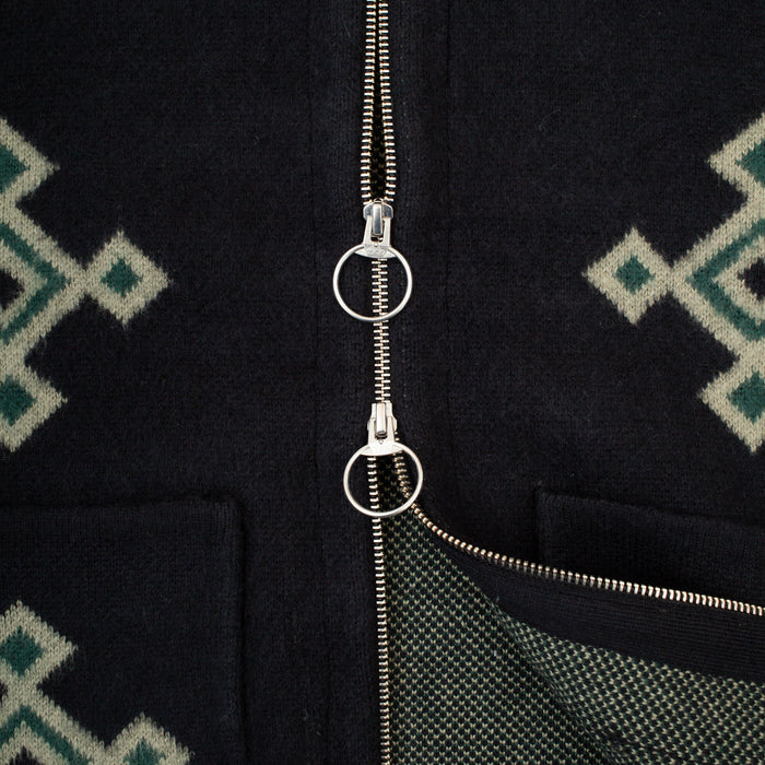 JACQUARD MOTIF ZIP CARDIGAN - BLACK