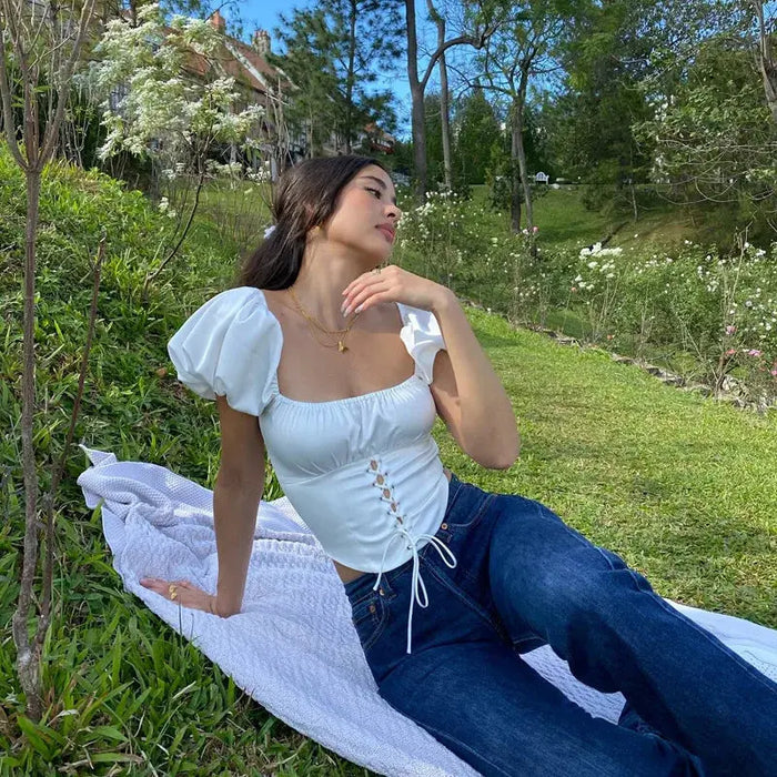 Puff Sleeve Lace Up Top fashionnsio