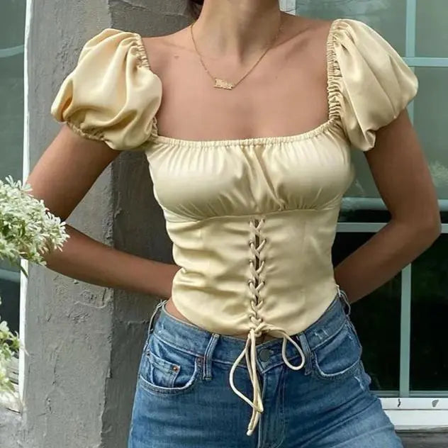 Puff Sleeve Lace Up Top fashionnsio