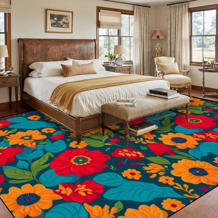 Large Floral Midcentury Retro Rug 12x9 ft – Soft 70s Style Non-Slip Carpet - retro rug